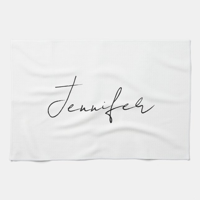 Linge De Cuisine Calligraphie Elégant Noir Blanc Plaine Nom simple (Horizontal)