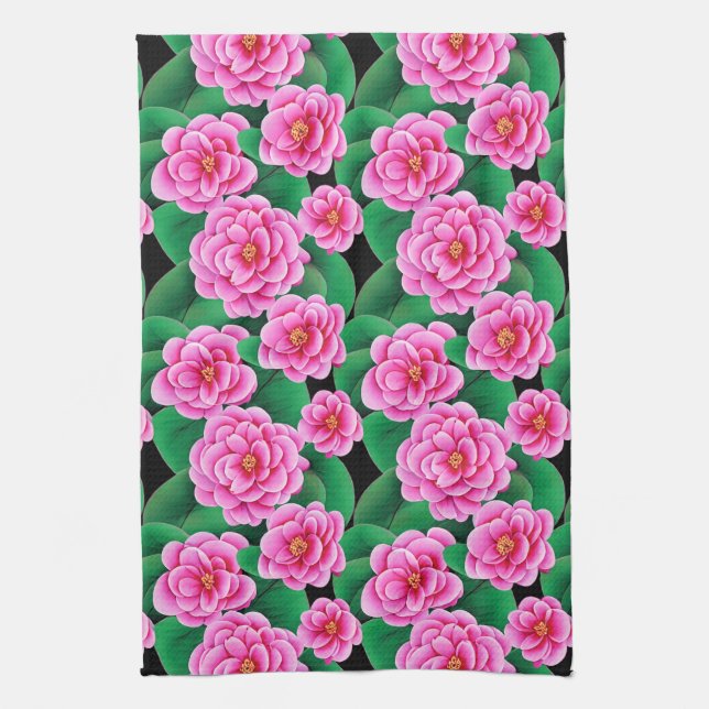 Linge De Cuisine Camellias rose Fuchsia et Feuilles verts Jade (Vertical)