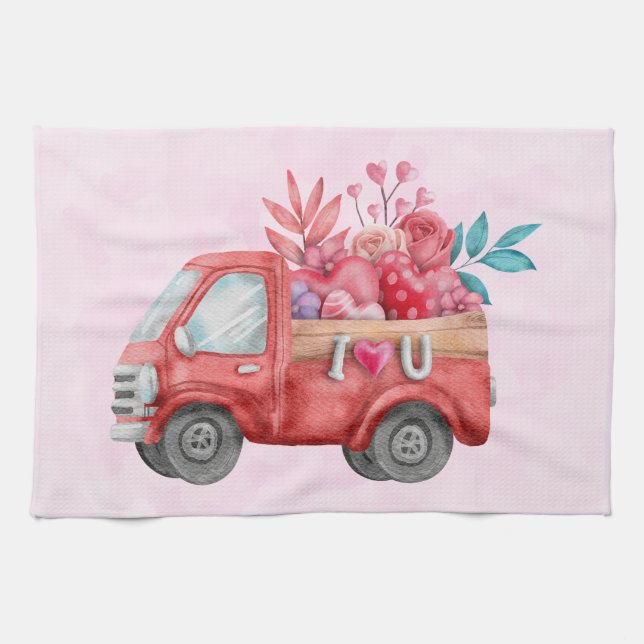 Linge De Cuisine Camion d'amour mignon avec Coeur Cargo Aquarelle (Horizontal)