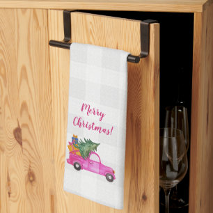 Linge De Cuisine Camion Rose De Noël Avec Arbre Et Souhaits