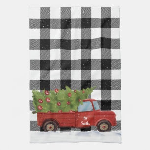 Linge De Cuisine Camion rouge de Noël sur carreaux