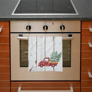 Linge De Cuisine Camion Rouge en Bois Bruté de Ferme Rustique