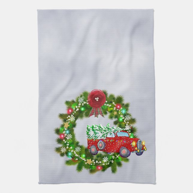Linge De Cuisine Camion Rouge Traversant Une Guirlande De Noël (Vertical)
