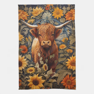 Linge De Cuisine Campagne rustique Highland Cow Sunflowers