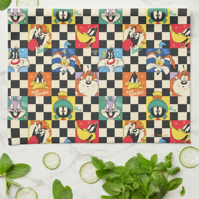 Linge De Cuisine Caractères LOONEY TUNES™ sur Checker noir et blanc (Plié)