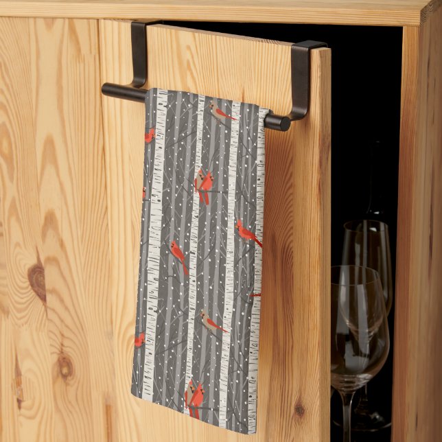 Linge De Cuisine Cardinaux d'hiver dans les bouleaux (Pliage en tiers)
