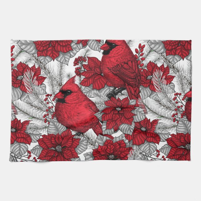 Linge De Cuisine Cardinaux et poinsettia en rouge et blanc (Horizontal)