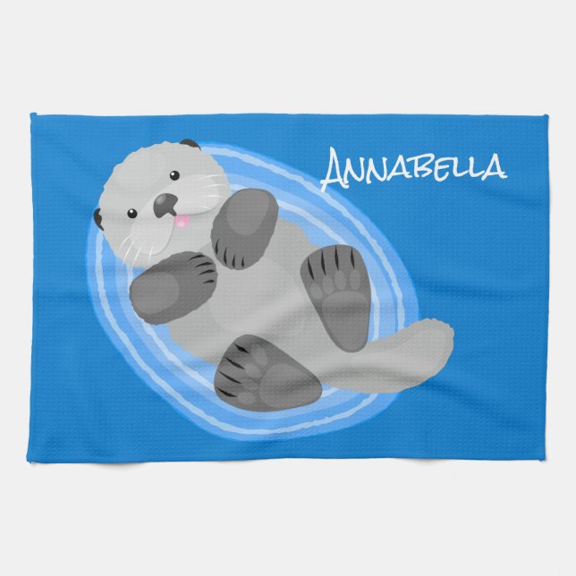 Linge De Cuisine Caricature bleu loutre de mer joyeux (Horizontal)