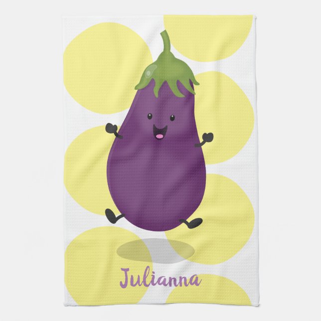 Linge De Cuisine Caricature d'aubergine d'aubergine joliment heureu (Vertical)