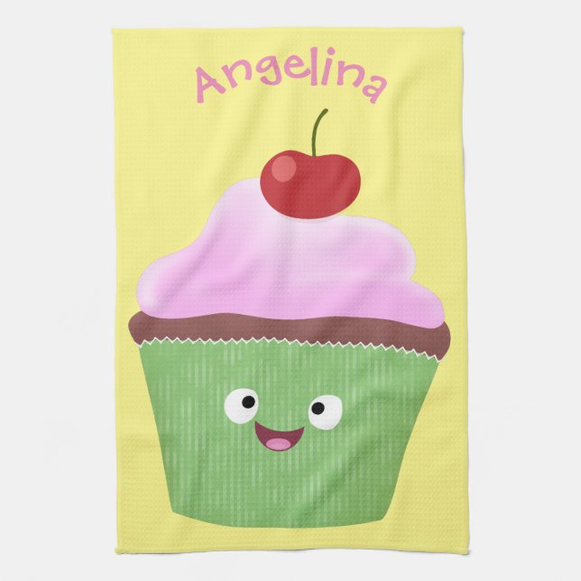 Linge De Cuisine Caricature de cupcake joyeux (Vertical)