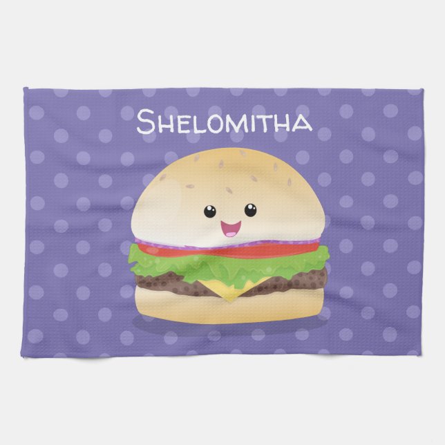 Linge De Cuisine Caricature de hamburger kawaii joyeux (Horizontal)