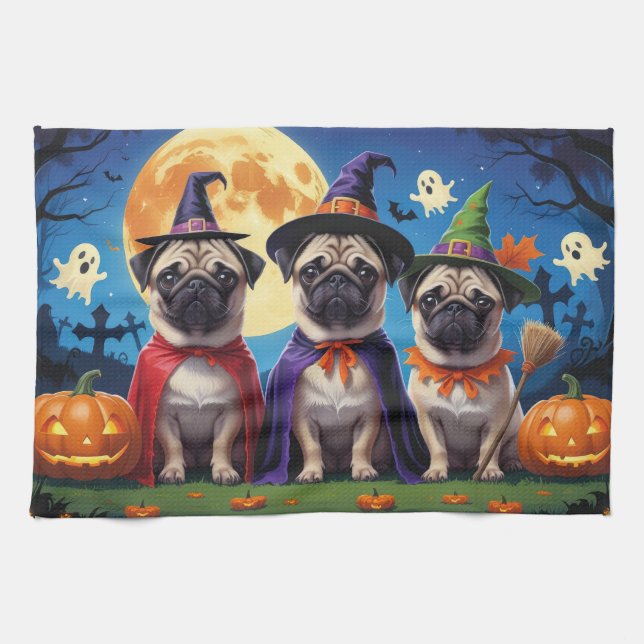 Linge De Cuisine Carlin chien Citrouille Halloween drôle (Horizontal)