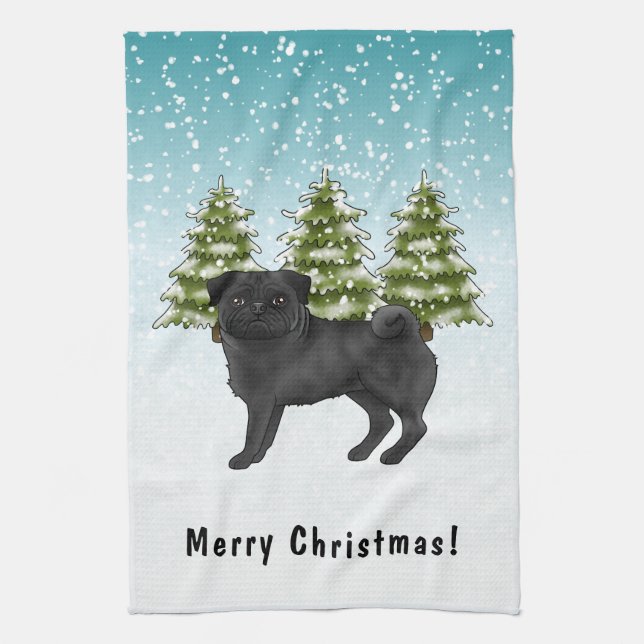 Linge De Cuisine Carlin noir mignon caricature Chien Snowy Winter F (Vertical)