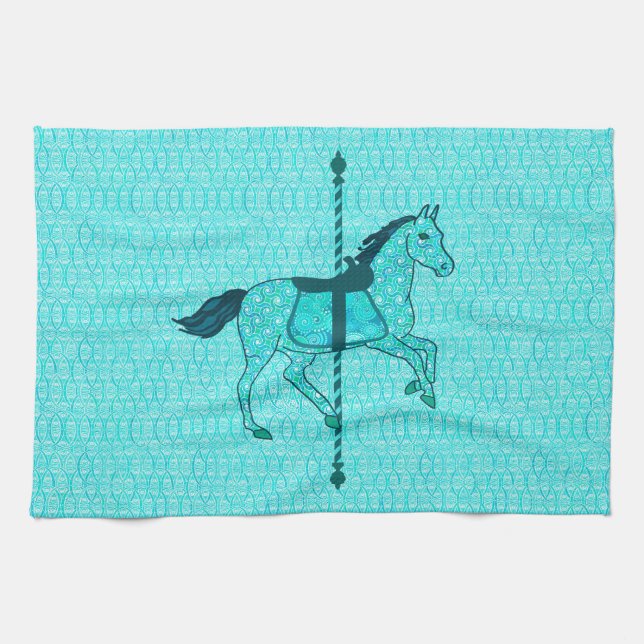 Linge De Cuisine Carousel Horse - Turquoise et Aqua (Horizontal)