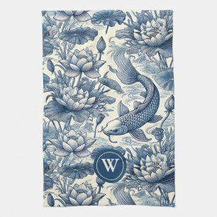 Linge De Cuisine Carpe Koï Nénuphar Bleu Chinoiserie Toile Initiale