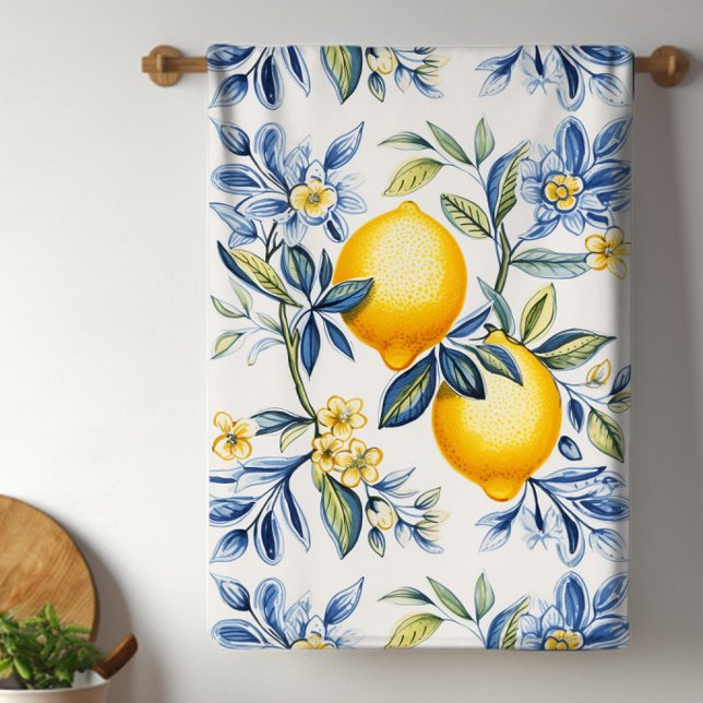 Linge De Cuisine Carreau méditerranéen au citron  (Pretty blue and white lemon kitchen towels will brighten any kitchen.)