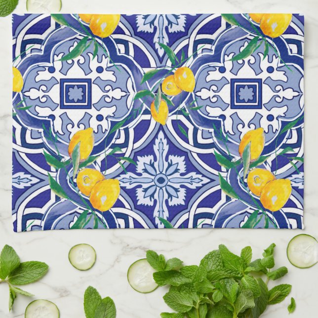 Linge De Cuisine Carreaux bleus, Carreaux méditerranéens, majolica  (Plié)