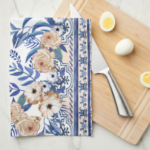Linge De Cuisine Carreaux bleus Méditerranéen Floral 