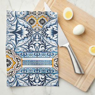 Linge De Cuisine Carreaux bleus Méditerranéen Floral