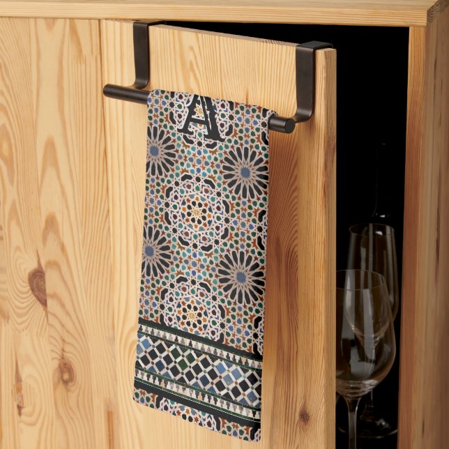 Linge De Cuisine Carreaux de l'Alhambra avec votre initiale (Pliage en tiers)