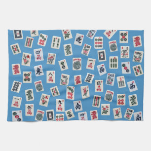 Linge De Cuisine Carreaux MahJong (symboles) sur bleu clair