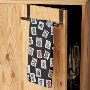 Linge De Cuisine Carreaux MahJong (symboles) sur noir