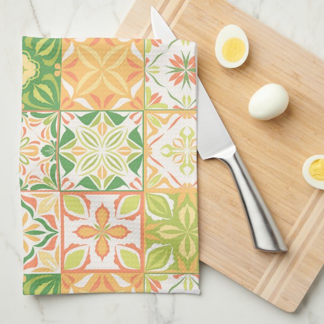 Linge De Cuisine Carreaux ornés en vert et jaune (Quart Plié)