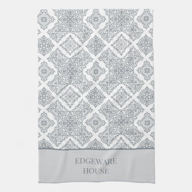 Linge De Cuisine Carrelage blanc gris méditerranéen personnalisé (Vertical)