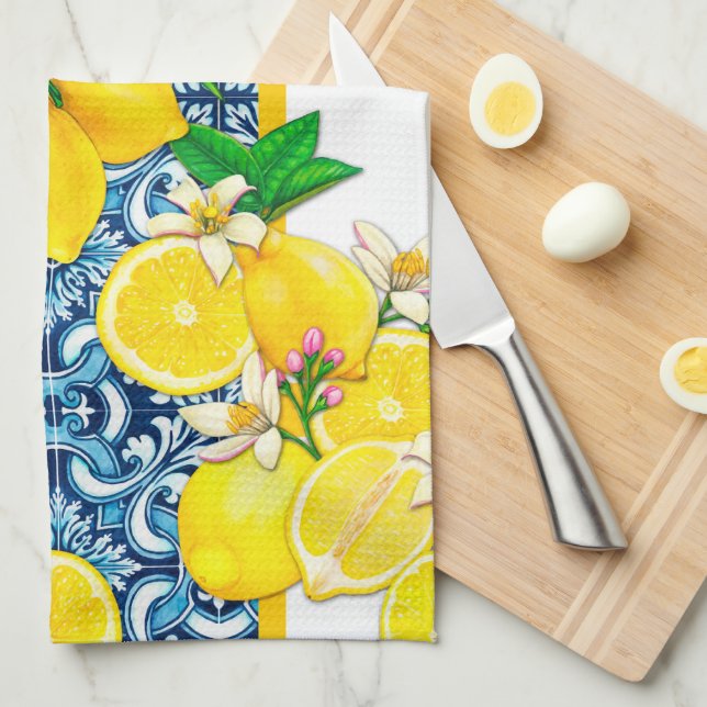 Linge De Cuisine Carrelage bleu méditerranéen & citron (Quart Plié)