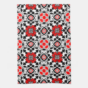 Linge De Cuisine Carrelage marocain floral, rouge profond, noir et 