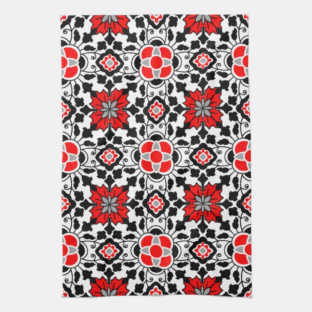 Linge De Cuisine Carrelage marocain floral, rouge profond, noir et  (Vertical)