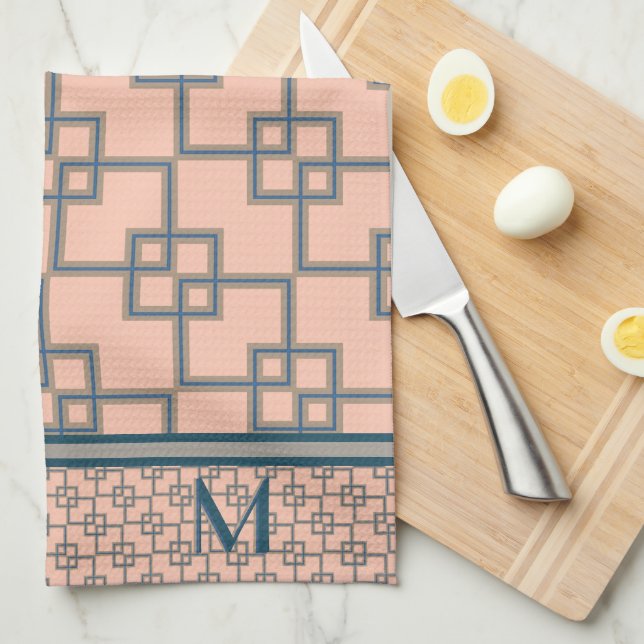 Linge De Cuisine Carrés Art déco qui se chevauchent (Monogrammed) (Quart Plié)