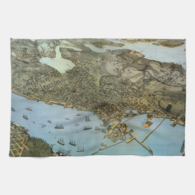 Linge De Cuisine Carte antique Vue aérienne Ville de Seattle Washin (Horizontal)