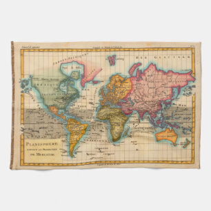 Linge De Cuisine Carte du Monde 1780 Bonne Antique Planisphère