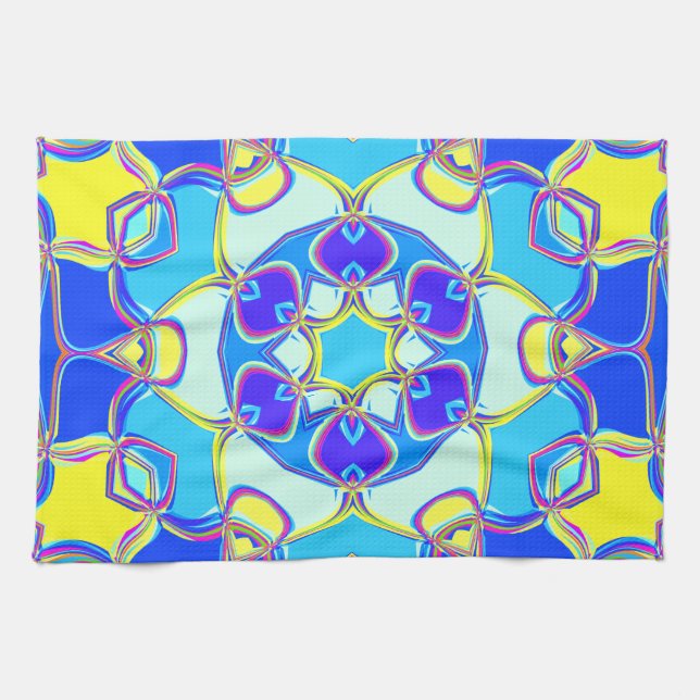 Linge De Cuisine Carton Mandala Flower bleu jaune et rose (Horizontal)