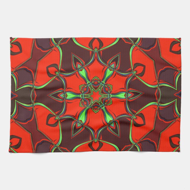 Linge De Cuisine Carton Mandala Flower rouge et Turquoise (Horizontal)