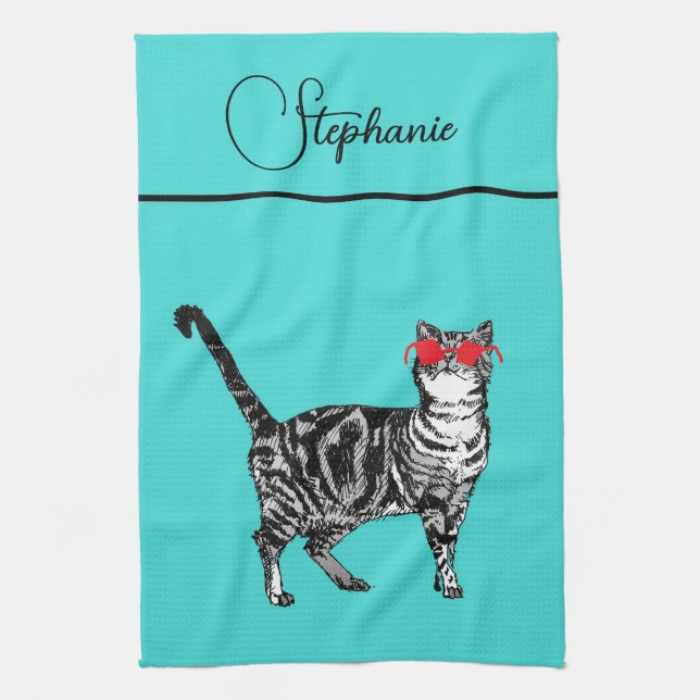 Linge De Cuisine Cat Tabby Pastel Cats Womens Teal Aqua Name (Vertical)