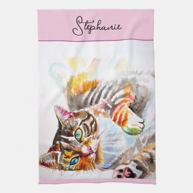 Linge De Cuisine Cat Tabby Pastel Chats Femme Rose Rose Animaux (Vertical)