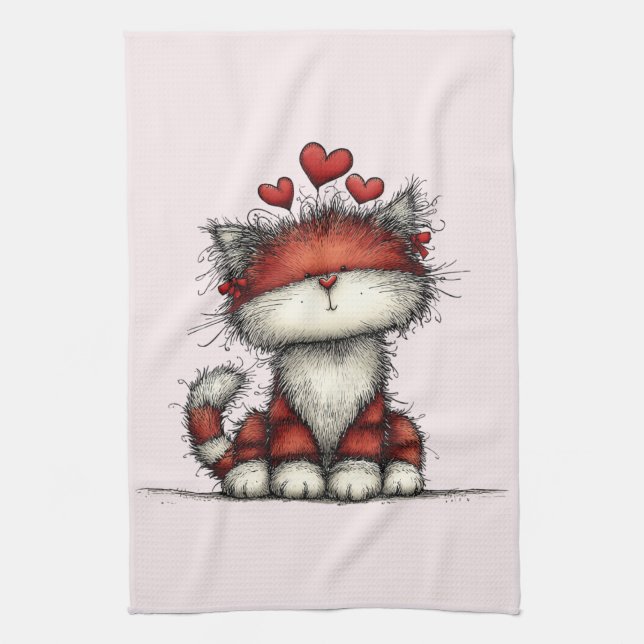 Linge De Cuisine Cat with Red Love Hearts Cute and Funny (Vertical)