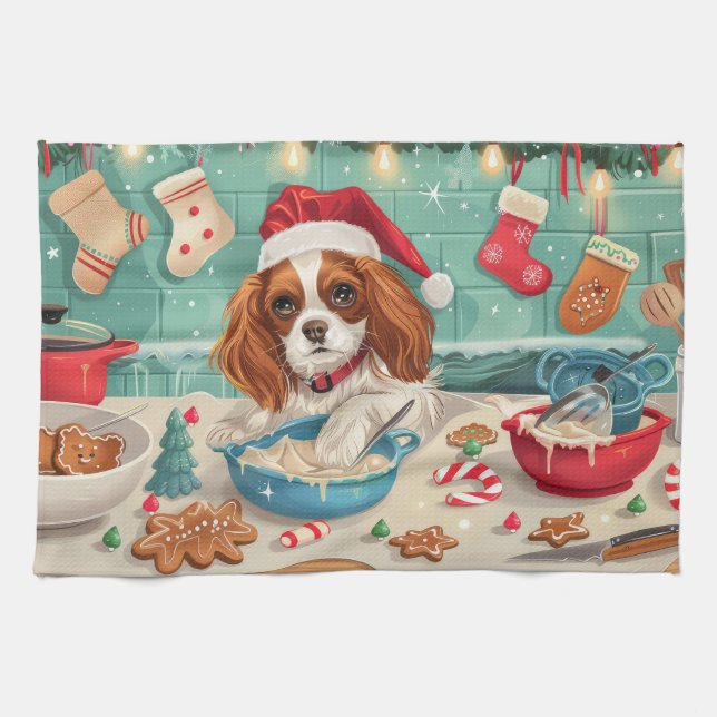 Linge De Cuisine Cavalier King Charles Spaniel Cuisinant pour Noël (Horizontal)