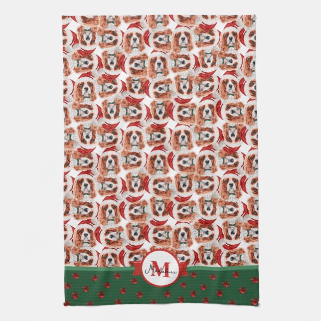 Linge De Cuisine Cavalier King Spaniel Monogram Chien de Noël (Vertical)