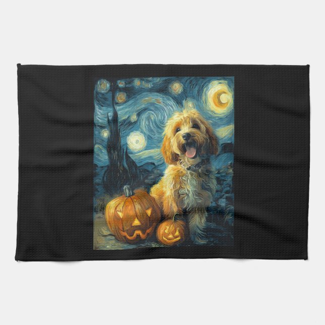 Linge De Cuisine Cavapoo Cute Dog Halloween Jack O Lantern Pumpkin  (Horizontal)