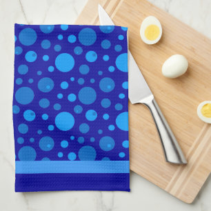 Linge De Cuisine Cercles Rétro et Points Polka en Bleu sur Fond Ble