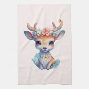 Linge De Cuisine Cerf de Bébé mignon avec Antlers et Fleurs