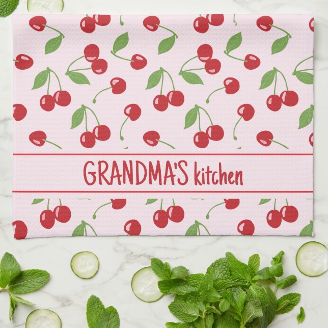 Linge De Cuisine Cerises Motif Avec Pale Rose Nom Apron (Plié)