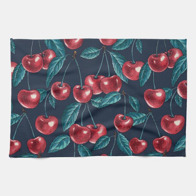Linge De Cuisine Cerises rouges sur bleu foncé (Horizontal)