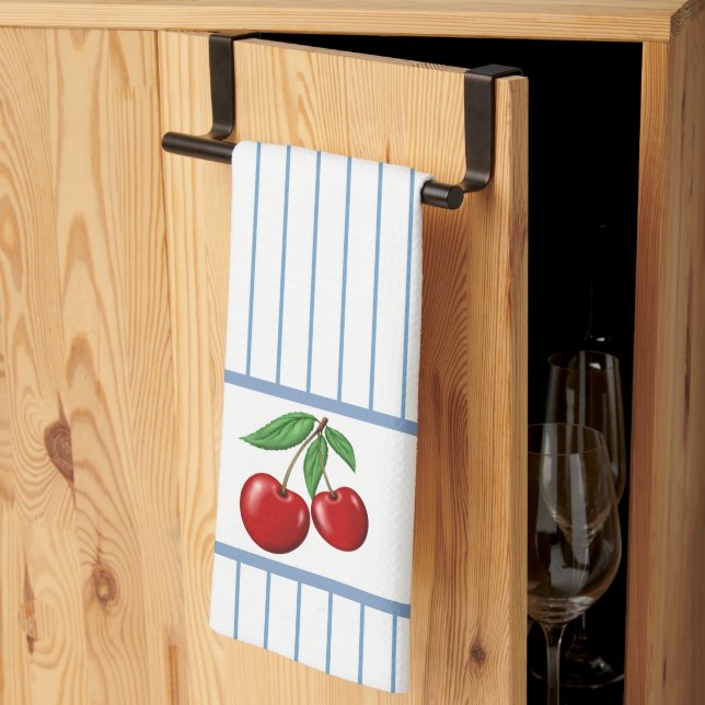 Linge De Cuisine Cerises rouges sur Bleu Motif graphique (Pliage en tiers)