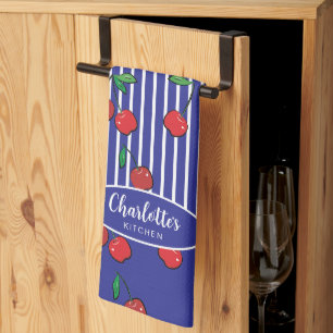 Linge De Cuisine Cerry Berries Rouge Motif moderne bleu marine