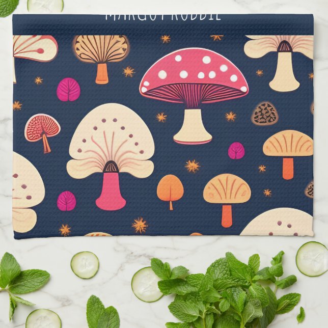 Linge De Cuisine Champignons amusants Motif d'aquarelle rose bleu (Plié)