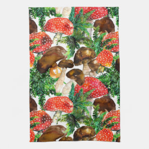Linge De Cuisine Champignons d'aquarelle et motif de fougères verte